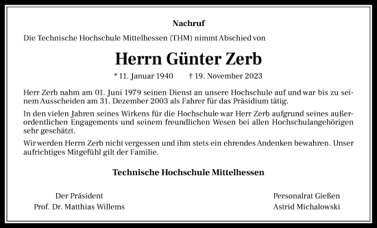 Traueranzeige von Günter Zerb von Giessener Anzeiger, Giessener Allgemeine, Alsfelder Allgemeine