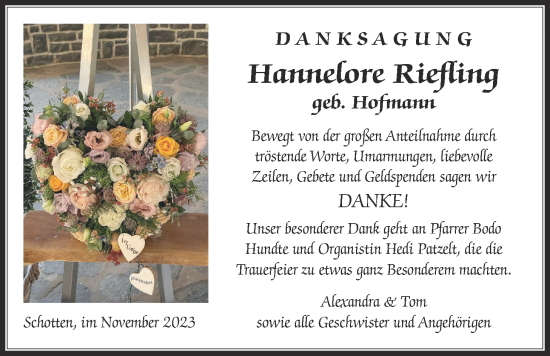 Traueranzeige von Hannelore Riefling von Kreis-Anzeiger, Wetterauer Zeitung