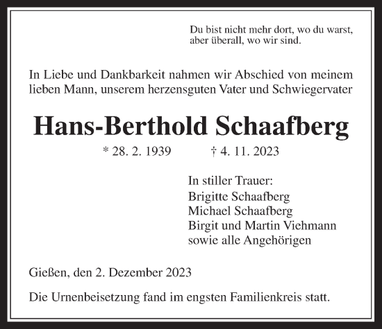 Traueranzeige von Hans-Berthold Schaafberg von Giessener Allgemeine, Alsfelder Allgemeine