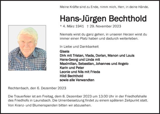 Traueranzeige von Hans-Jürgen Bechthold von Giessener Anzeiger, Giessener Allgemeine, Alsfelder Allgemeine