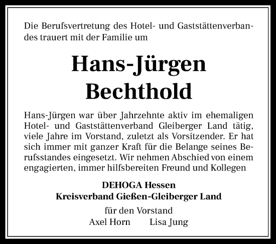 Traueranzeige von Hans-Jürgen Bechthold von Giessener Anzeiger, Giessener Allgemeine, Alsfelder Allgemeine