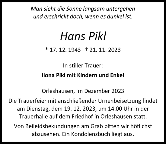 Traueranzeige von Hans Pikl von Kreis-Anzeiger