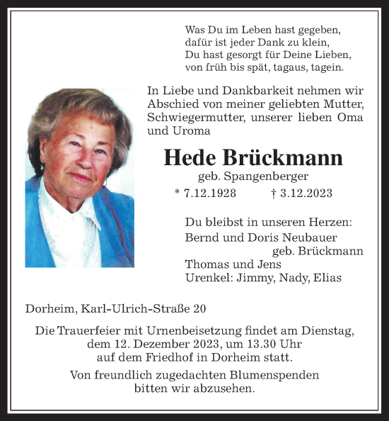 Traueranzeige von Hede Brückmann von Wetterauer Zeitung