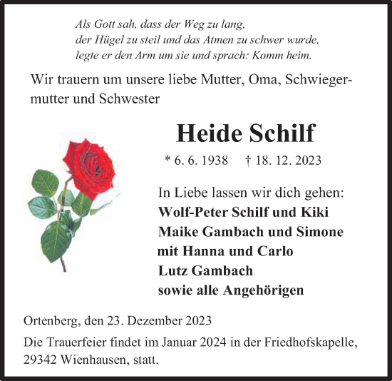 Traueranzeige von Heide Schilf von Kreis-Anzeiger