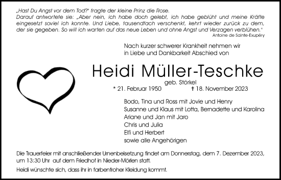 Traueranzeige von Heidi Müller-Teschke von Wetterauer Zeitung