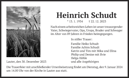 Traueranzeige von Heinrich Schudt von Giessener Allgemeine, Alsfelder Allgemeine