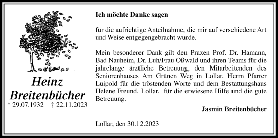 Traueranzeige von Heinz Breitenbücher von Giessener Allgemeine, Alsfelder Allgemeine, Giessener Anzeiger