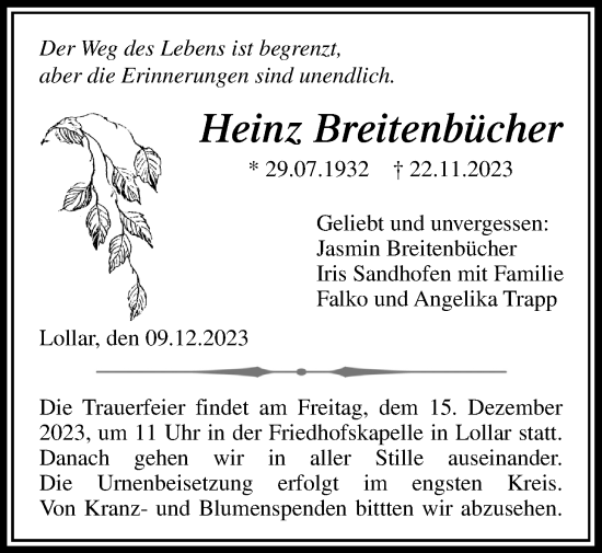 Traueranzeige von Heinz Breitenbücher von Giessener Anzeiger, Giessener Allgemeine, Alsfelder Allgemeine