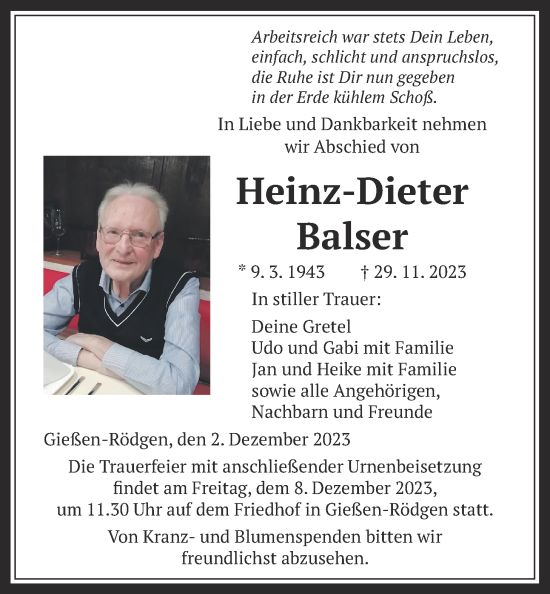 Traueranzeige von Heinz-Dieter Balser von Giessener Anzeiger, Giessener Allgemeine, Alsfelder Allgemeine