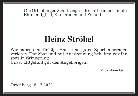 Traueranzeige von Heinz Ströbel von Wetterauer Zeitung, Kreis-Anzeiger