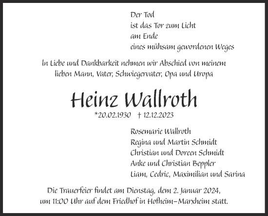 Traueranzeige von Heinz Wallroth 