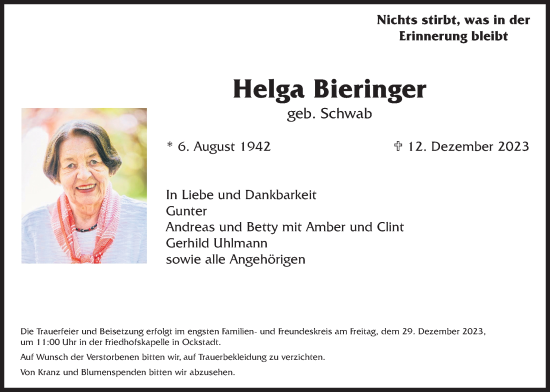 Traueranzeige von Helga Bieringer von Wetterauer Zeitung