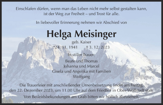 Traueranzeige von Helga Meisinger von Wetterauer Zeitung