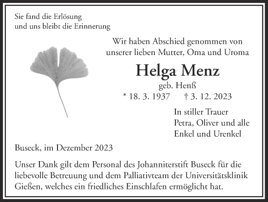 Traueranzeige von Helga Menz von Giessener Allgemeine, Alsfelder Allgemeine, Giessener Anzeiger