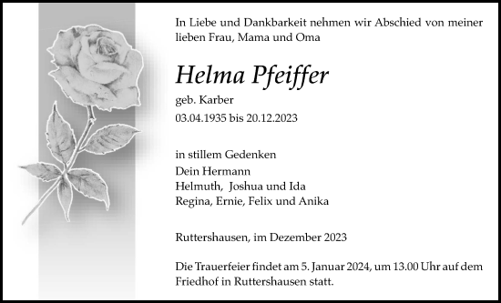 Traueranzeige von Helma Pfeiffer von Giessener Allgemeine, Alsfelder Allgemeine, Giessener Anzeiger