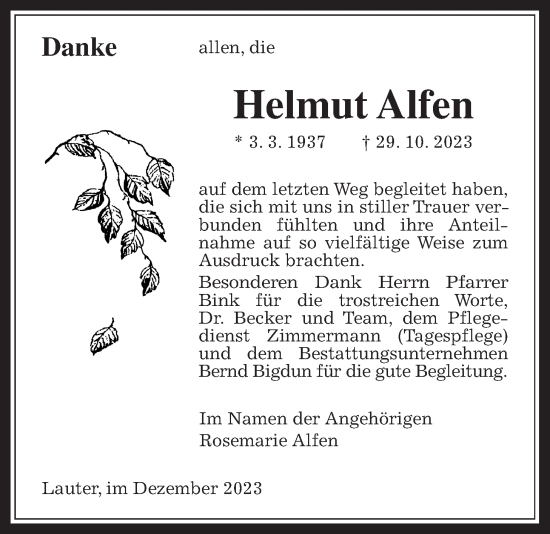 Traueranzeige von Helmut Alfen von Giessener Allgemeine, Alsfelder Allgemeine, Laubacher Anzeiger