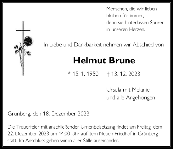 Traueranzeige von Helmut Brune von Giessener Allgemeine, Alsfelder Allgemeine