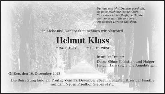 Traueranzeige von Helmut Klass von Giessener Allgemeine, Alsfelder Allgemeine