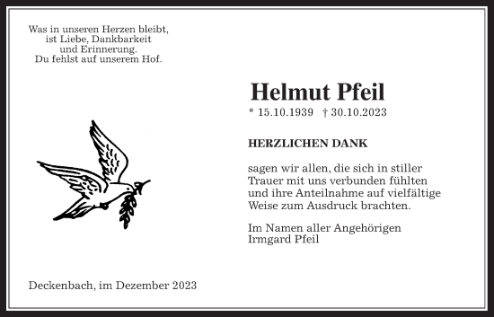 Traueranzeige von Helmut Pfeil von Giessener Allgemeine, Alsfelder Allgemeine