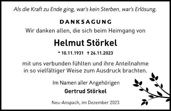 Traueranzeige von Helmut Störkel von Usinger Anzeiger