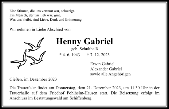 Traueranzeige von Henny Gabriel von Giessener Allgemeine, Alsfelder Allgemeine