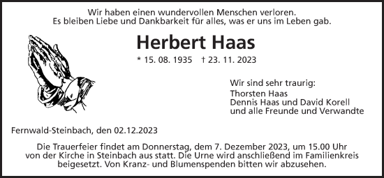 Traueranzeige von Herbert Haas von Giessener Anzeiger, Giessener Allgemeine, Alsfelder Allgemeine