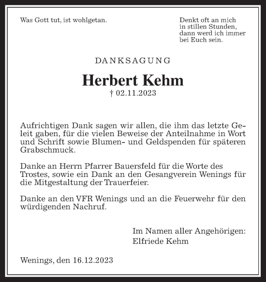 Traueranzeige von Herbert Kehm von Wetterauer Zeitung, Kreis-Anzeiger