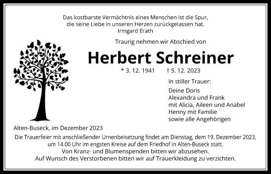 Traueranzeige von Herbert Schreiner von Giessener Allgemeine, Alsfelder Allgemeine, Giessener Anzeiger