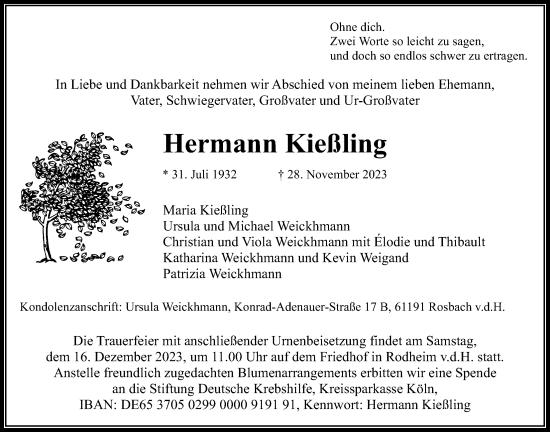 Traueranzeige von Hermann Kießling von Wetterauer Zeitung