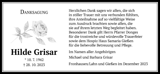 Traueranzeige von Hilde Grisar von Giessener Allgemeine, Alsfelder Allgemeine