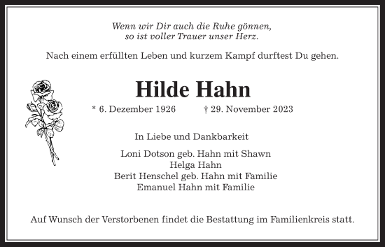 Traueranzeige von Hilde Hahn von Usinger Anzeiger