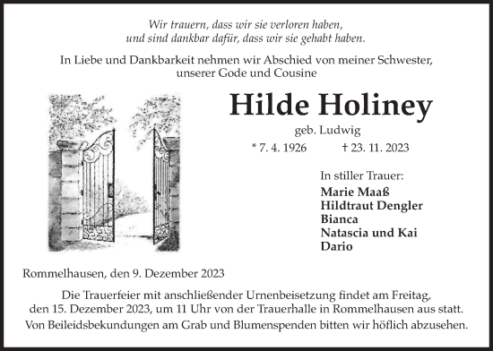 Traueranzeige von Hilde Holiney von Kreis-Anzeiger