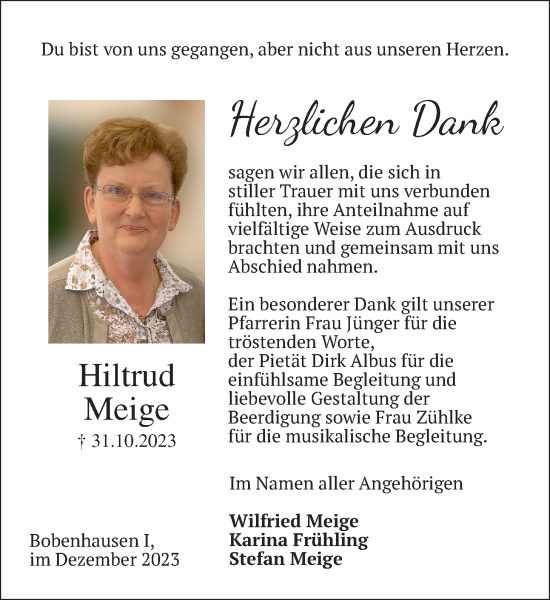 Traueranzeige von Hiltrud Meige von Kreis-Anzeiger