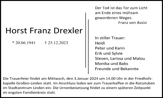 Traueranzeige von Horst Franz Drexler von Giessener Allgemeine, Alsfelder Allgemeine, Giessener Anzeiger