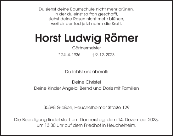 Traueranzeige von Horst Ludwig Römer von Giessener Anzeiger, Giessener Allgemeine, Alsfelder Allgemeine