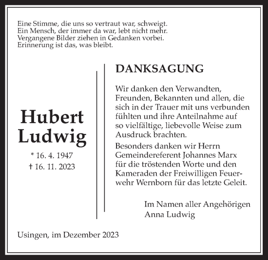 Traueranzeige von Hubert Ludwig von Usinger Anzeiger