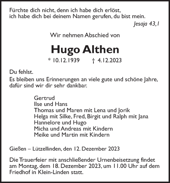Traueranzeige von Hugo Althen von Giessener Anzeiger, Giessener Allgemeine, Alsfelder Allgemeine