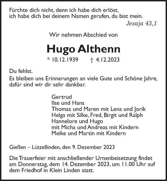 Traueranzeige von Hugo Althenn von Giessener Anzeiger, Giessener Allgemeine, Alsfelder Allgemeine