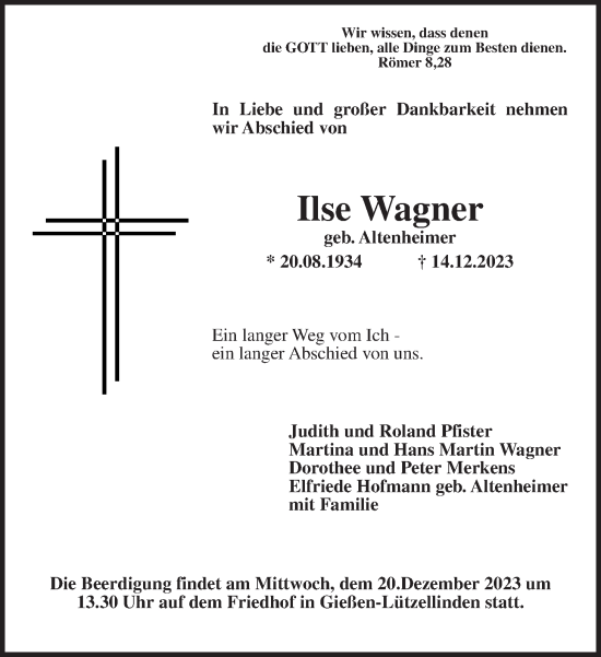 Traueranzeige von Ilse Wagner von Giessener Anzeiger