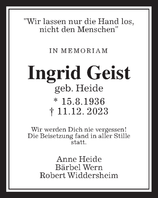 Traueranzeige von Ingrid Geist von Kreis-Anzeiger