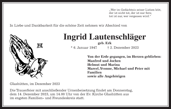 Traueranzeige von Ingrid Lautenschläger von Kreis-Anzeiger