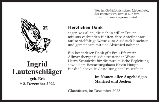 Traueranzeige von Ingrid Lautenschläger von Kreis-Anzeiger