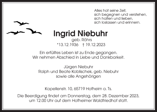 Traueranzeige von Ingrid Niebuhr 