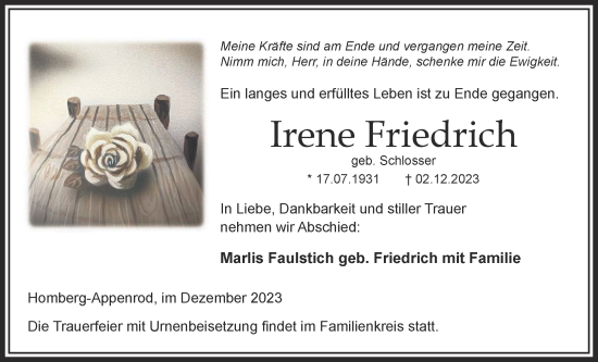 Traueranzeige von Irene Friedrich von Alsfelder Allgemeine