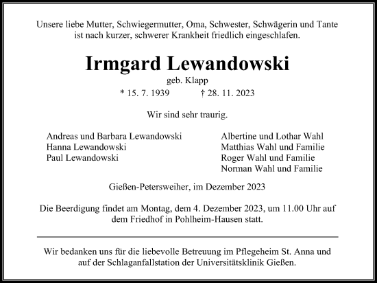 Traueranzeige von Irmgard Lewandowski von Giessener Anzeiger, Giessener Allgemeine, Alsfelder Allgemeine