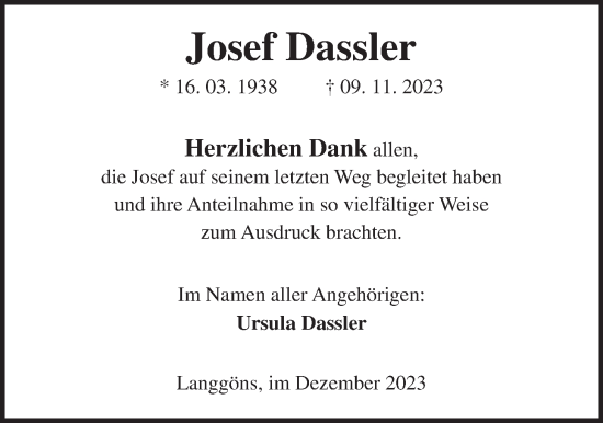 Traueranzeige von Josef Dassler von Giessener Anzeiger, Giessener Allgemeine, Alsfelder Allgemeine