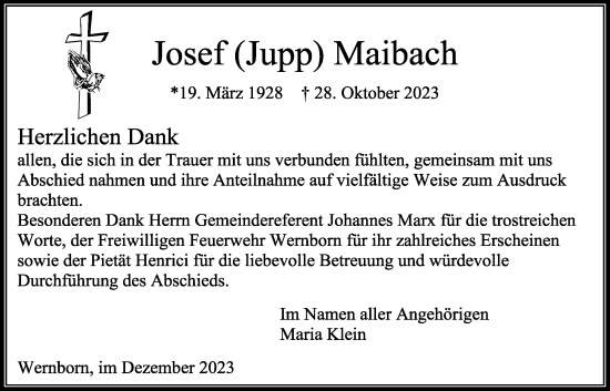 Traueranzeige von Josef Maibach von Usinger Anzeiger