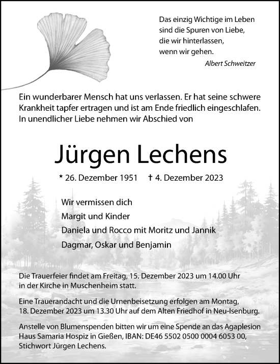 Traueranzeige von Jürgen Lechens von Giessener Allgemeine, Alsfelder Allgemeine