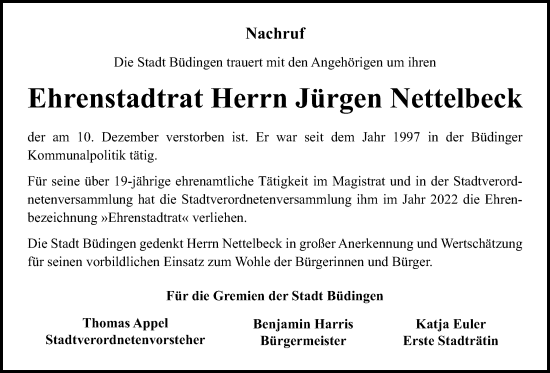 Traueranzeige von Jürgen Nettelbeck von Kreis-Anzeiger