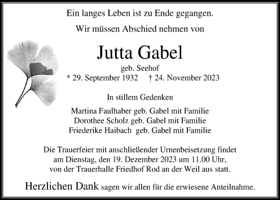 Traueranzeige von Jutta Gabel 